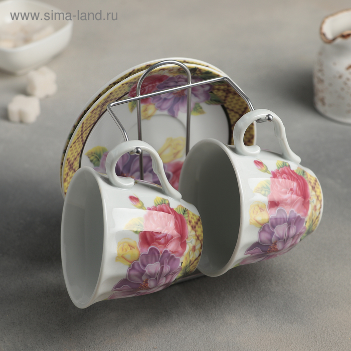 Сервиз чайный "Цветы" 4 предмета: чашка 250 мл, блюдце 14 см, на подставке - Фото 1