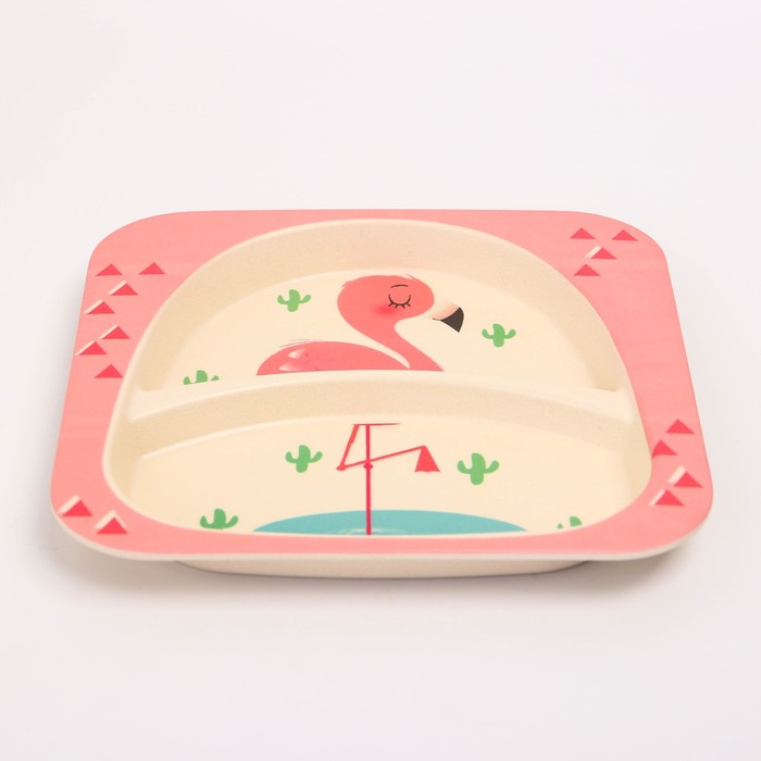 Набор детской бамбуковой посуды «Розовый фламинго», тарелка, миска, стакан, приборы, 5 предметов - фото 1907025879