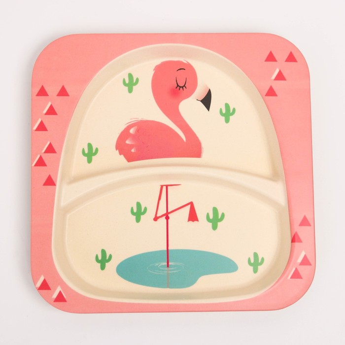 Набор детской бамбуковой посуды «Розовый фламинго», тарелка, миска, стакан, приборы, 5 предметов - фото 1887892265