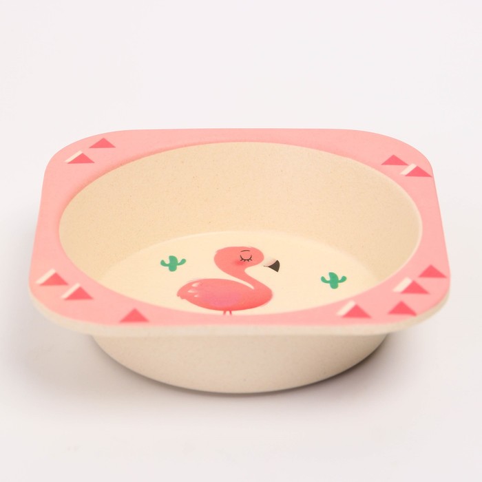 Набор детской бамбуковой посуды «Розовый фламинго», тарелка, миска, стакан, приборы, 5 предметов - фото 1887892267