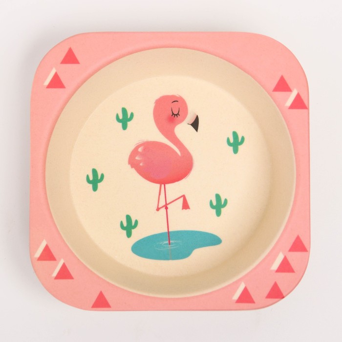 Набор детской бамбуковой посуды «Розовый фламинго», тарелка, миска, стакан, приборы, 5 предметов - фото 1907025881