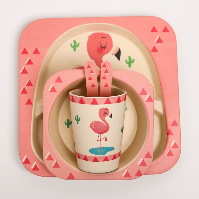 Набор детской бамбуковой посуды «Розовый фламинго», тарелка, миска, стакан, приборы, 5 предметов - фото 1907025884