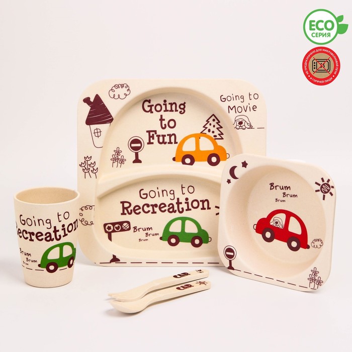 Детская посуда из бамбука в наборе «Машинки», тарелка, миска, стакан, приборы, 5 предметов - Фото 1