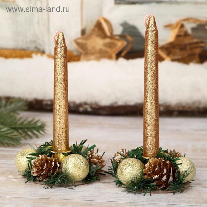 Свеча новогодняя с подсвечником «Шишки и шарики», набор 4 шт., 3.5×11×15 см, золотистая - Фото 1