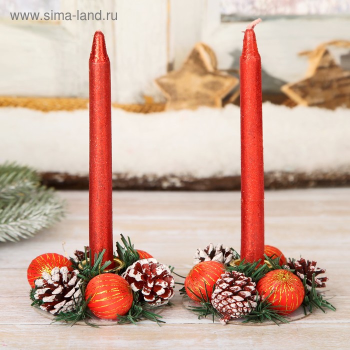 Свеча новогодняя с подсвечником «Красные шары и шишки», набор 4 шт., 4×13.5×17 см, красная - Фото 1
