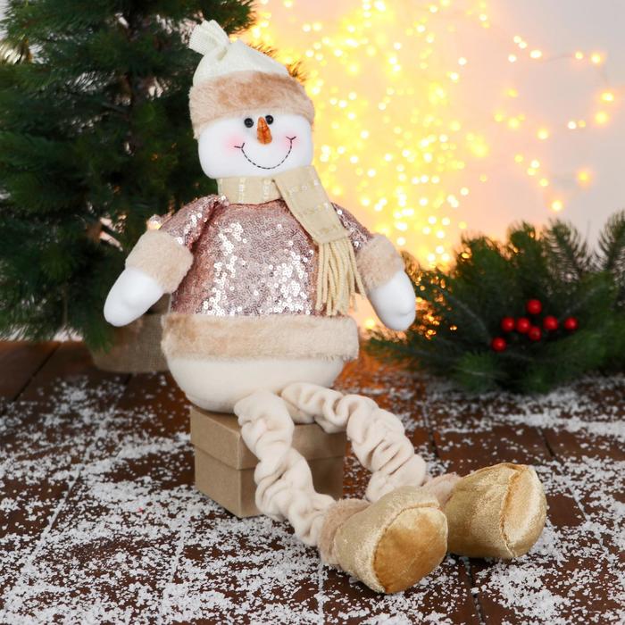 Мягкая игрушка "Снеговик в пайетках - длинные ножки" сидит, 13х52 см, коричневый - Фото 1