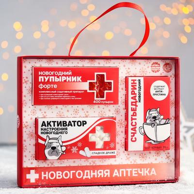 Новогодняя аптечка «Активатор»: чай чёрный 25 г., драже 100 г., пупырка