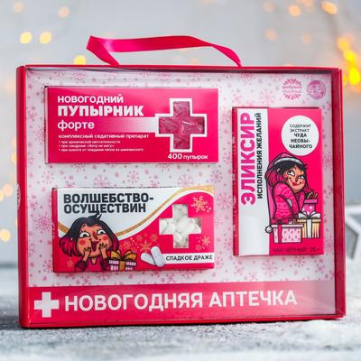 Новогодняя аптечка «Желания исполнин»: чай чёрный 25 г., драже 100 г., пупырка