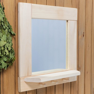 Зеркало для бани и сауны «Квадрат», 53×53×5 см, в деревянной раме, с полкой, 3 крючка, «Добропаровъ»