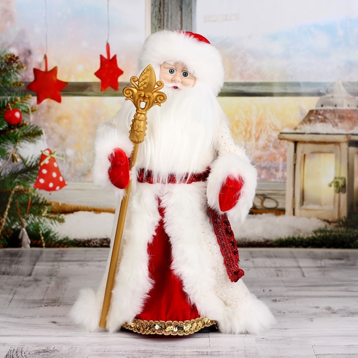 Дед Мороз "Шик" в красно-белой шубке с посохом, двигается, 47 см - фото 1908485313