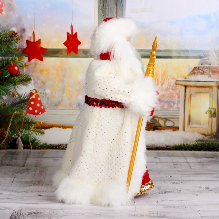Дед Мороз "Шик" в красно-белой шубке с посохом, двигается, 47 см - фото 1908485314