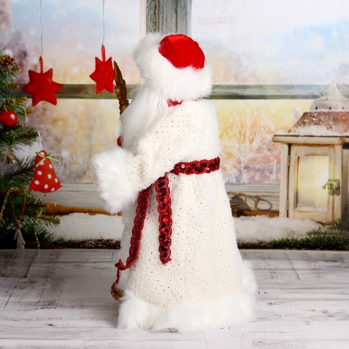 Дед Мороз "Шик" в красно-белой шубке с посохом, двигается, 47 см - фото 1908485316
