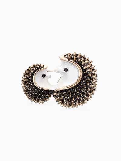 Брошь «Ёжики», цвет чёрно-белый в чернёном золоте