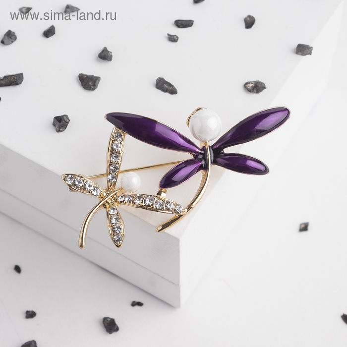 Брошь «Стрекозы» с бусинами, цвет бело-фиолетовый в золоте - Фото 1