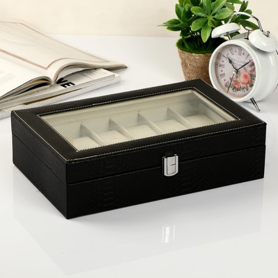Шкатулка для часов 12 отделений «Питон чёрный с белой строчкой», с замком, искусственная кожа, 9×32×20 см