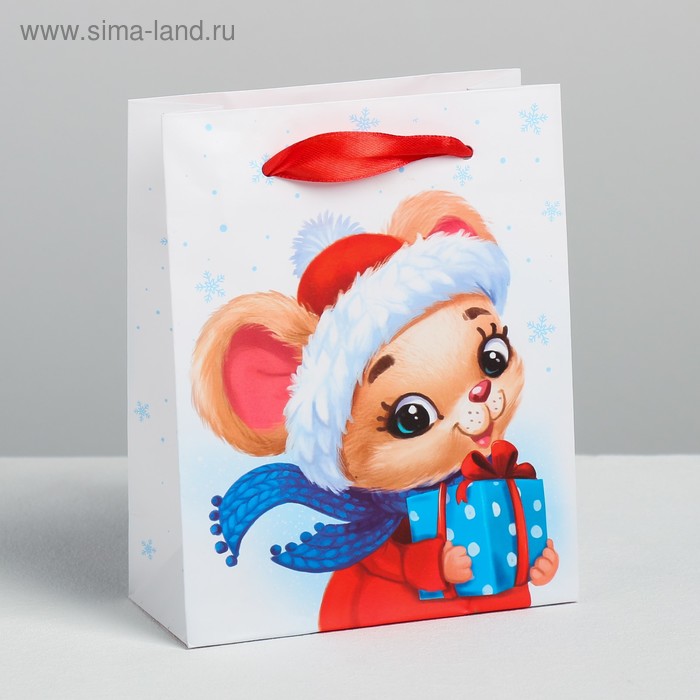 Пакет ламинированный вертикальный «Мышка с подарком», S 12 × 15 × 5.5 см - Фото 1