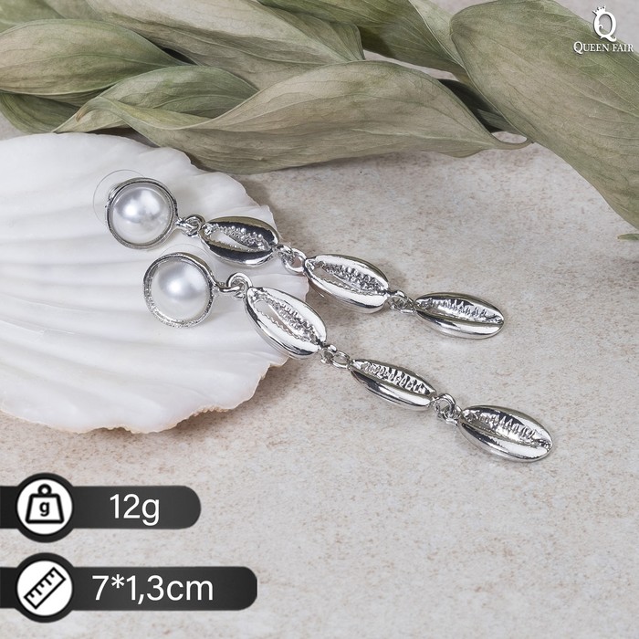 Серьги с жемчугом «Ракушки», белые в серебре - Фото 1