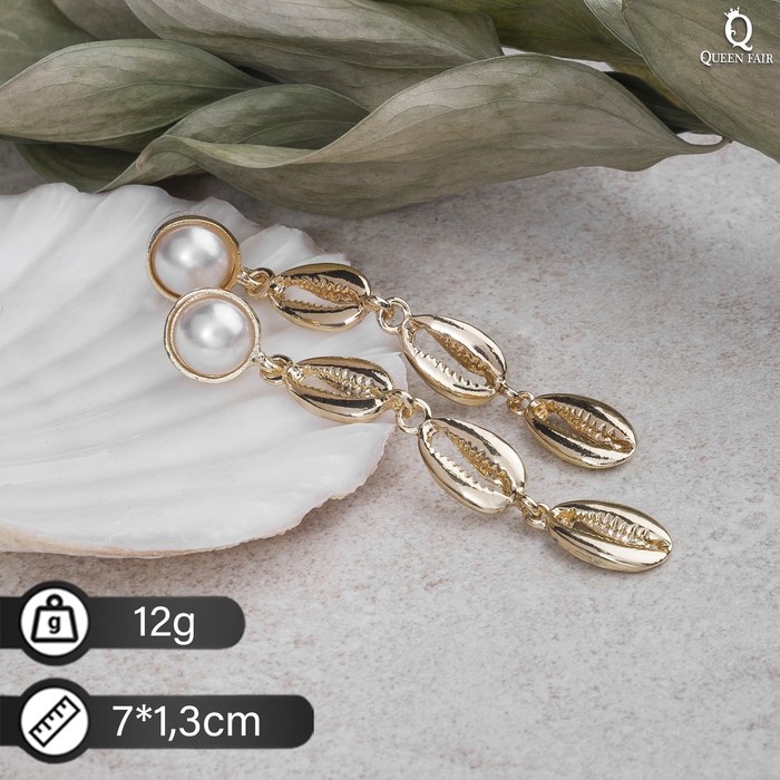 Серьги с жемчугом «Ракушки», цвет белый в золоте - Фото 1