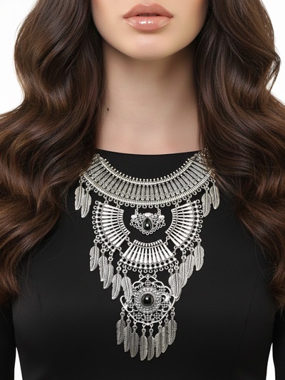 Колье «Одиссея» перья, чёрное в чернёном серебре, 42 см