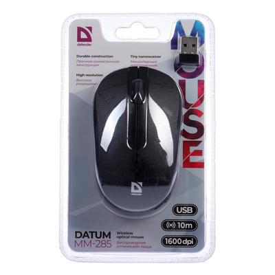 Мышь Defender Datum MM-285, беспроводная, оптическая, 1600 dpi, USB, 2xAAA, черная