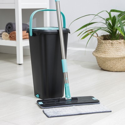 Швабра с отжимом и ведро: ведро с отсеками для полоскания и отжима 9,5 л, швабра плоская, запасная насадка из микрофибры