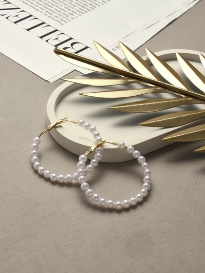 Серьги кольца с жемчугом QF «Нежность жемчуга», d=5.5 см, белые в золоте