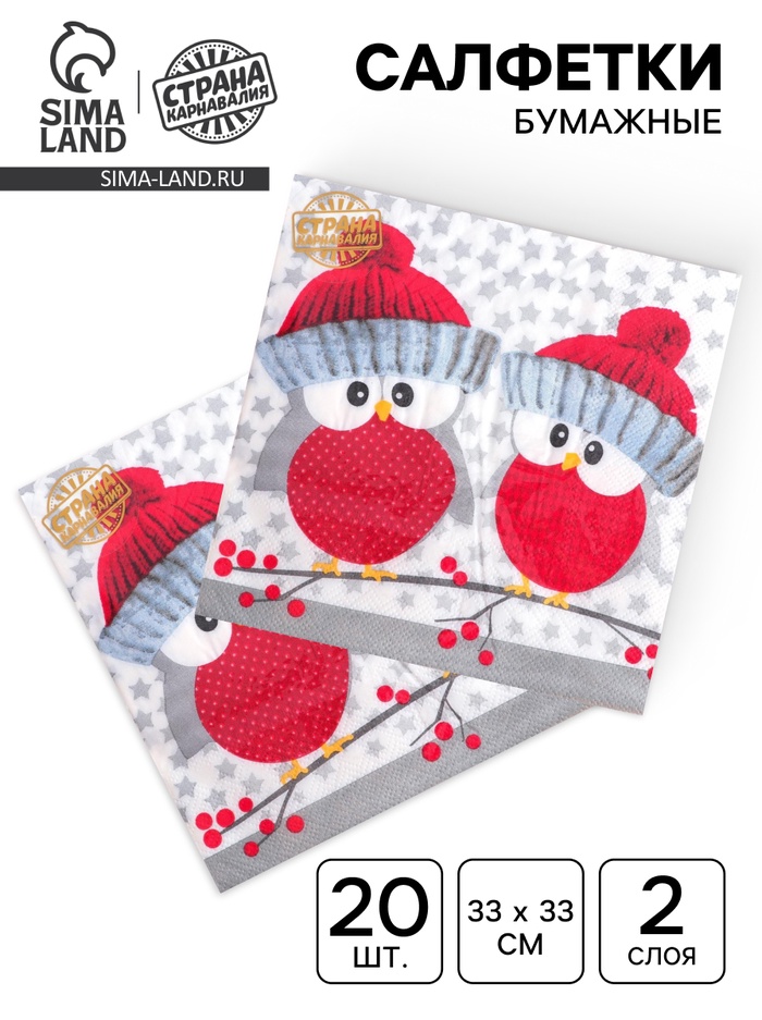 Салфетки новогодние бумажные «Совушки в шапочках», 33×33 см, набор 20 шт. - Фото 1