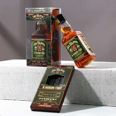 Набор "На удачу в Новом году": гель для душа во флаконе виски 250 мл, аромат древесный с пряными нотами, мыло в форме плитки шоколада