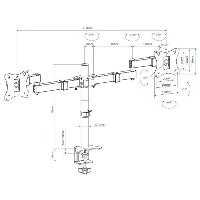 Кронштейн ARM Media LCD-T04, для 2-х мониторов,наклонно-поворотный,15"-32",до 2х7 кг,черный - фото 51481137