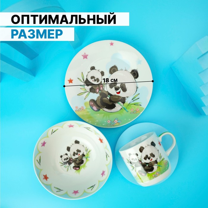 Набор детской посуды из керамики Доляна «Семья пандочек», 3 предмета: кружка 230 мл, миска 400 мл, тарелка d=18 см - фото 1908488758