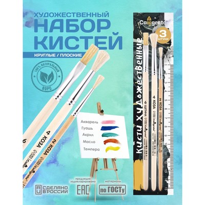 Набор кистей для рисования, коза, 3 штуки: № 2, 4 (круглые), № 6 (плоская), Calligrata, круглые, плоская, деревянная ручка, в пакете