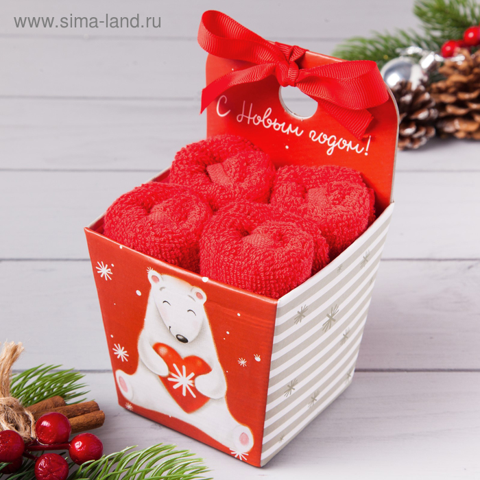 Набор махровых салфеток "С новым годом" 30х30 см-4шт, хлопок, 340 г/м2 - Фото 1