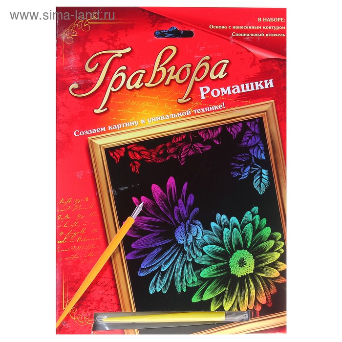 Гравюра "Ромашки" с цветной основой, в комплекте штихель - Фото 1