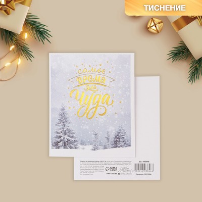 Открытка новогодняя на акварельном картоне «Самое время для чуда», тиснение, 10.5×8.5 см