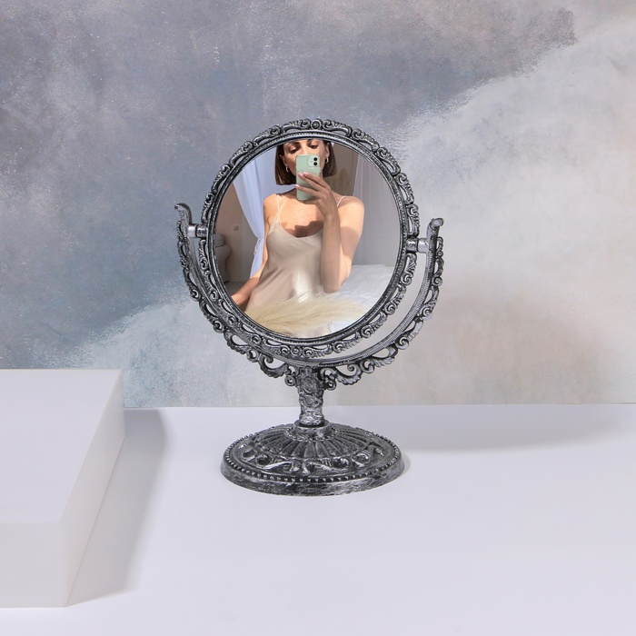 Зеркало настольное, двустороннее, с увеличением, d зеркальной поверхности 9,7 см, цвет серебристый - фото 1901182363