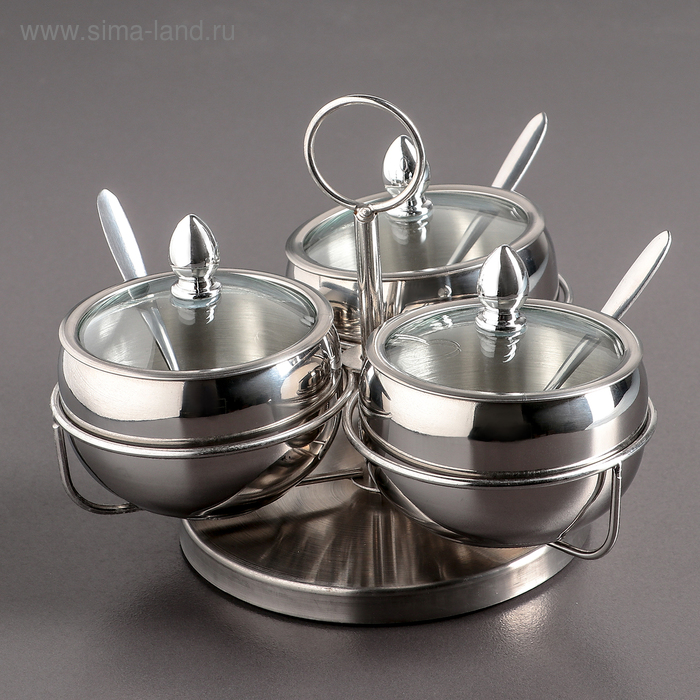 Сахарницы, 340 мл, 19×14 см, на крутящейся подставке с ложками, набор 3 шт., нержавеющая сталь, стекло - Фото 1