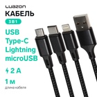 Кабель 3 в 1 Luazon, microUSB/Type-C/Lightning - USB, 2 А, 1 м, оплётка нейлон, черный 4310382 - фото 12705677