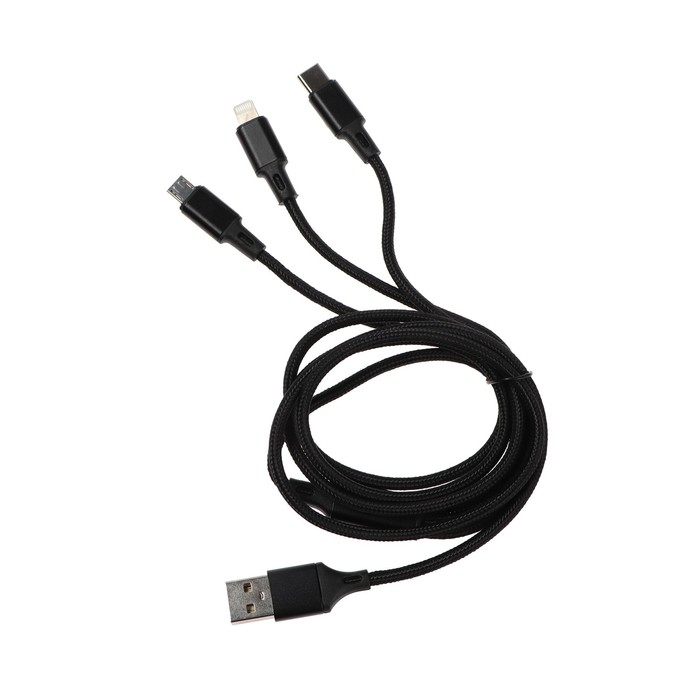 Кабель 3 в 1 LuazON, microUSB/Type-C/Lightning - USB, 2 А, 1 м, оплётка нейлон, черный - фото 51449409