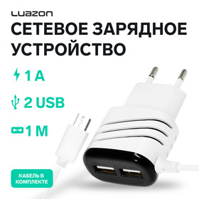 Сетевое зарядное устройство Luazon LCC-24, 2 USB, microUSB, 1 A, 1 м, черно-белое 4310389