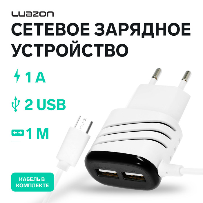

Сетевое зарядное устройство Luazon LCC-24, 2 USB, microUSB, 1 A, 1 м, черно-белое