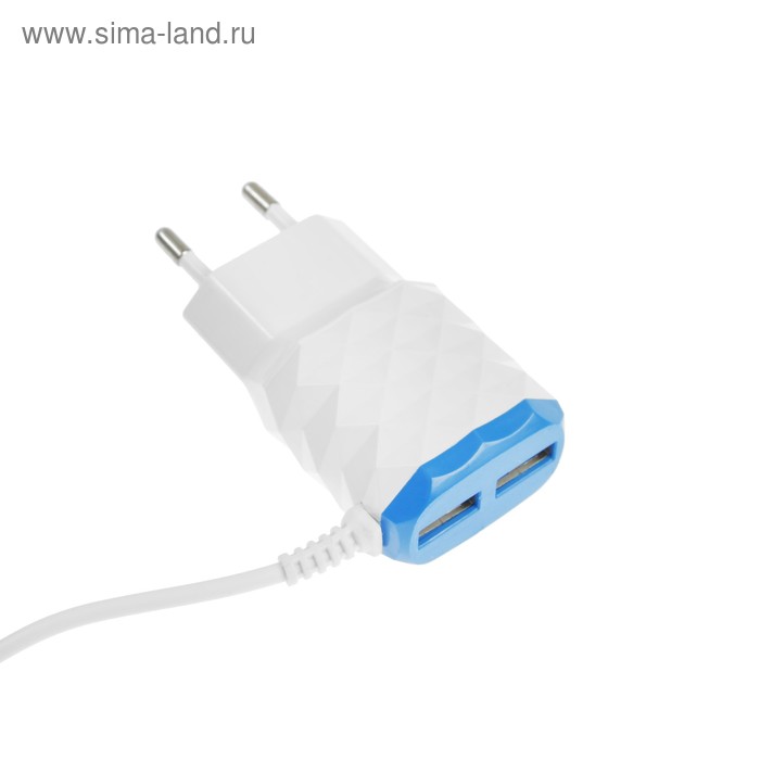Сетевое зарядное устройство LuazON LCC-27, 2 USB, 1 A, Lightning 2.1 A, 1 м, бело-синее - Фото 1