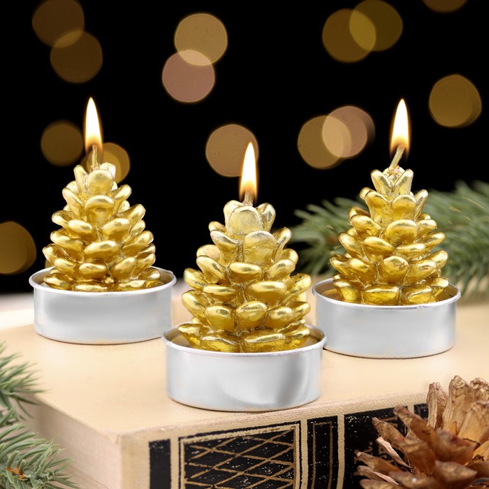 Набор свечи новогодние  "Шишка золотая", 4×6 см, 3 шт - Фото 1