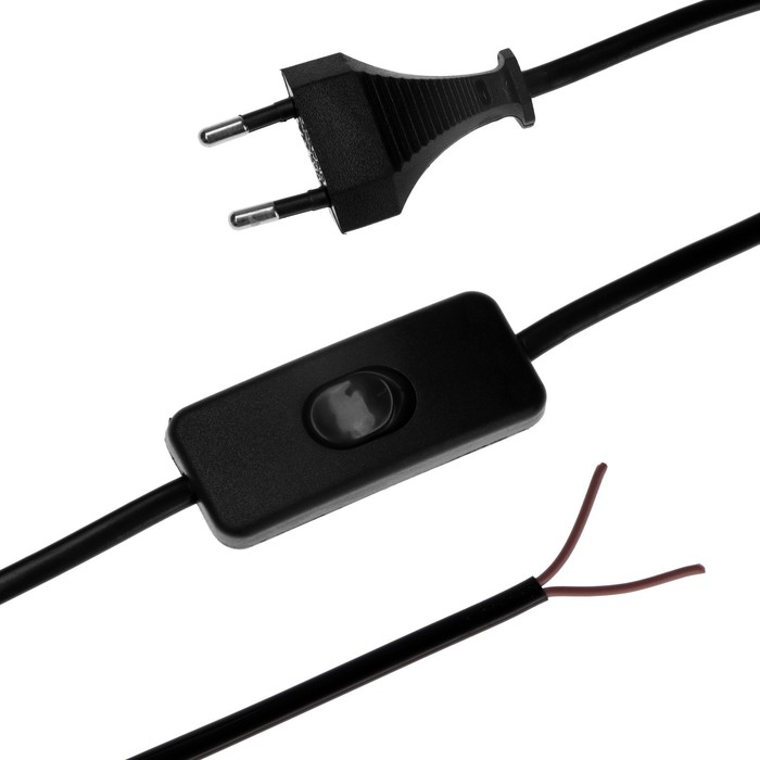 Шнур сетевой с выключателем для бра, 1,5 м, ШВВП 2 х 0.5 мм2, черный - Фото 1