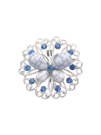 Брошь «Бабочка» на цветке, цвет бело-голубой в серебре