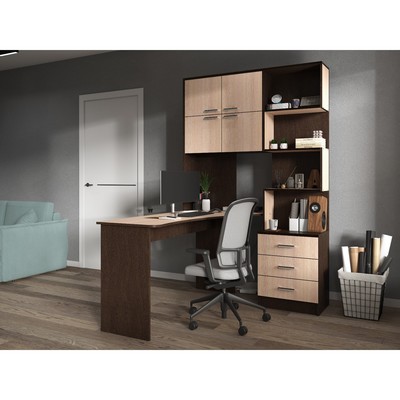 Стол компьютерный №1, левый, 3 ящика, 1280×2000×1450 мм, цвет венге/белфорт