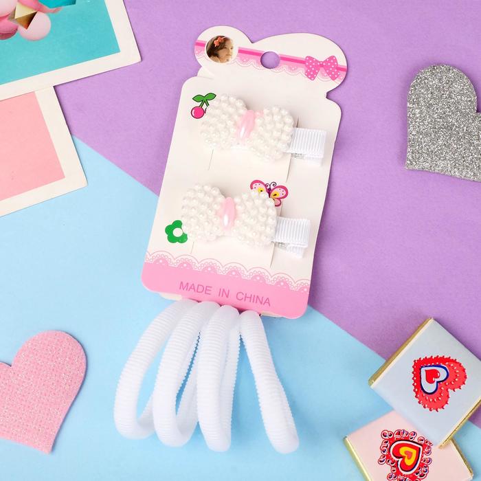 Набор для волос "Манюня" (2 зажима, 4 резинки) бантики белый - Фото 1