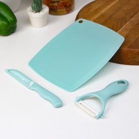 Набор кухонных принадлежностей Доляна «Керамик», 3 предмета: нож 16 см, овощечистка 12 см, доска 19,5×15,5 см, цвет голубой