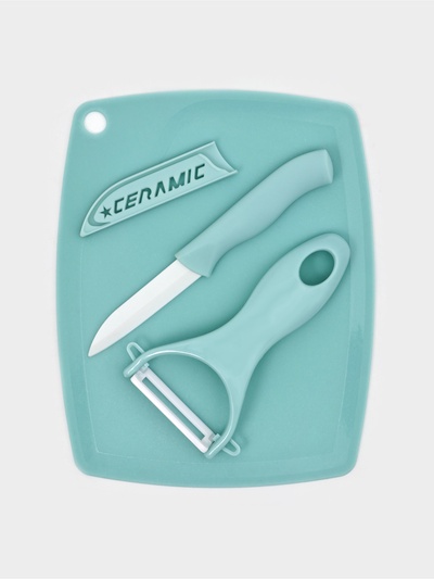 Набор кухонных принадлежностей Доляна «Керамик», 3 предмета: нож 16 см, овощечистка 12 см, доска 19.5×15.5 см, голубой