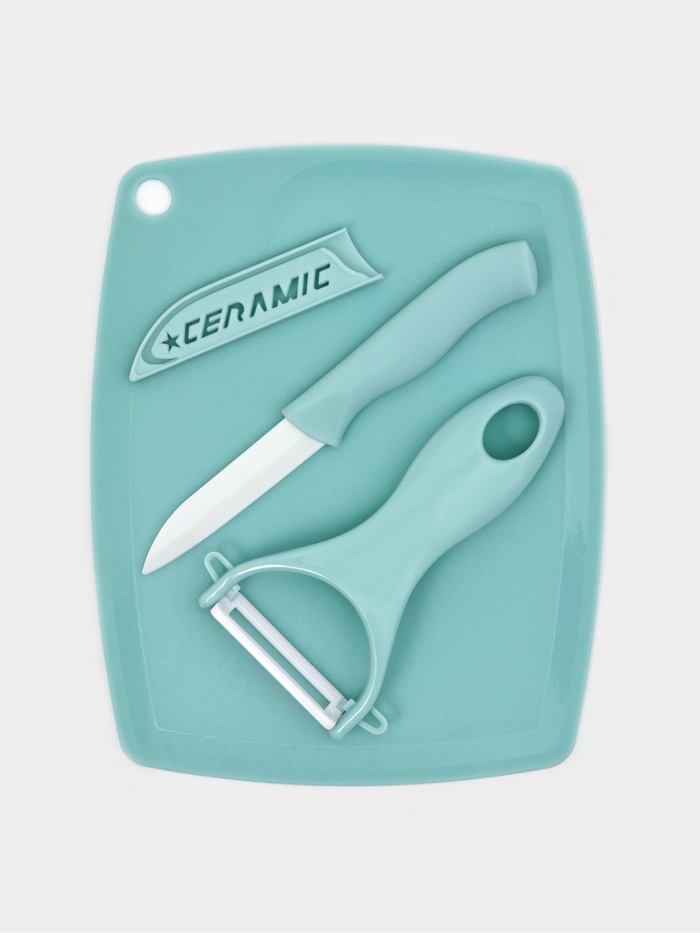 Набор кухонных принадлежностей Доляна «Керамик», 3 предмета: нож 16 см, овощечистка 12 см, доска 19.5×15.5 см, голубой - Фото 1
