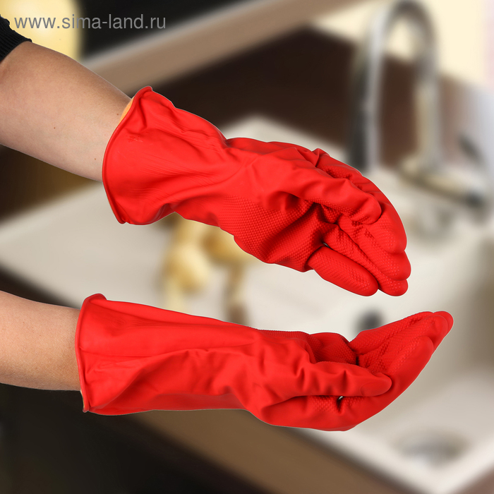Перчатки хозяйственные резиновые с утеплителем Доляна, размер L, 85 гр, цвет красный - Фото 1